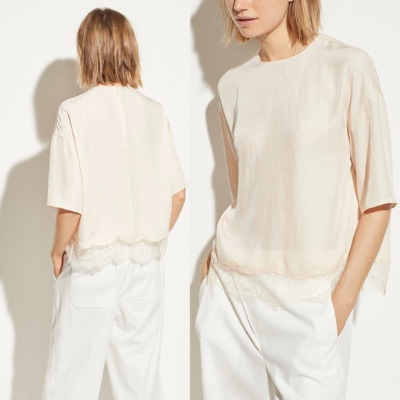 Vince Lace Trim Tee in Pale Adler Large 3/4 Sleeves Round Neck - Picture 1 of 11
